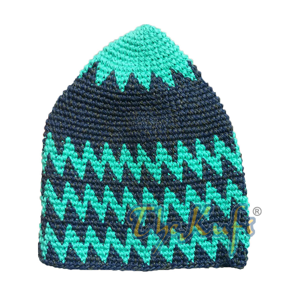 Topi Kufi Zigzag Campuran Hijau Pastel dan Biru Tua Coklat yang Dirajut Tangan dari Katun Kuat