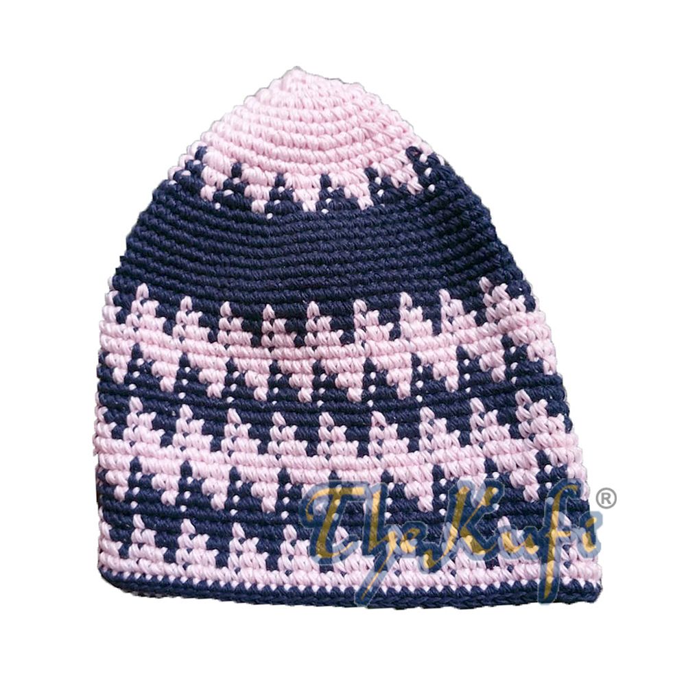 Hand-Crocheted Cotton Sturdy Pale Pink & Dark Blue Zigzag Kufi Hat