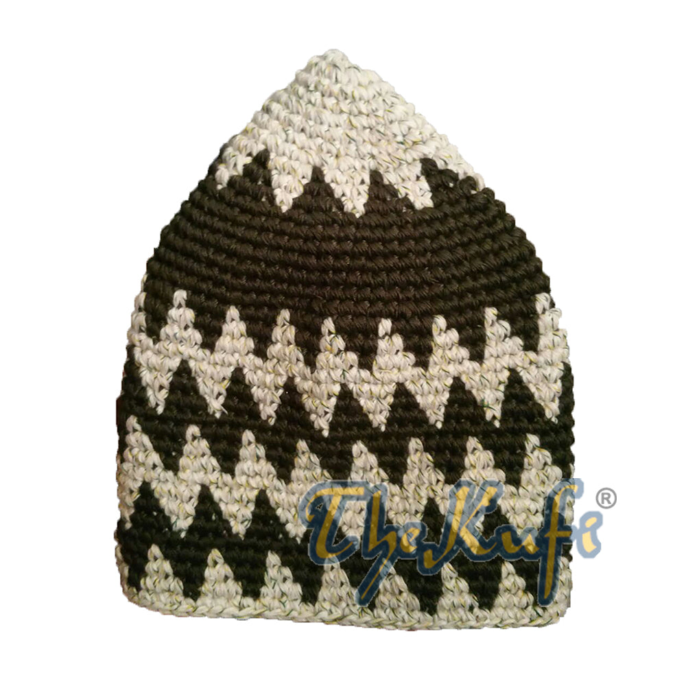 Topi Kufi Zigzag Campuran Katun Kuat Warna Krem Pudar dan Hijau Hutan Tua yang Dirajut Tangan