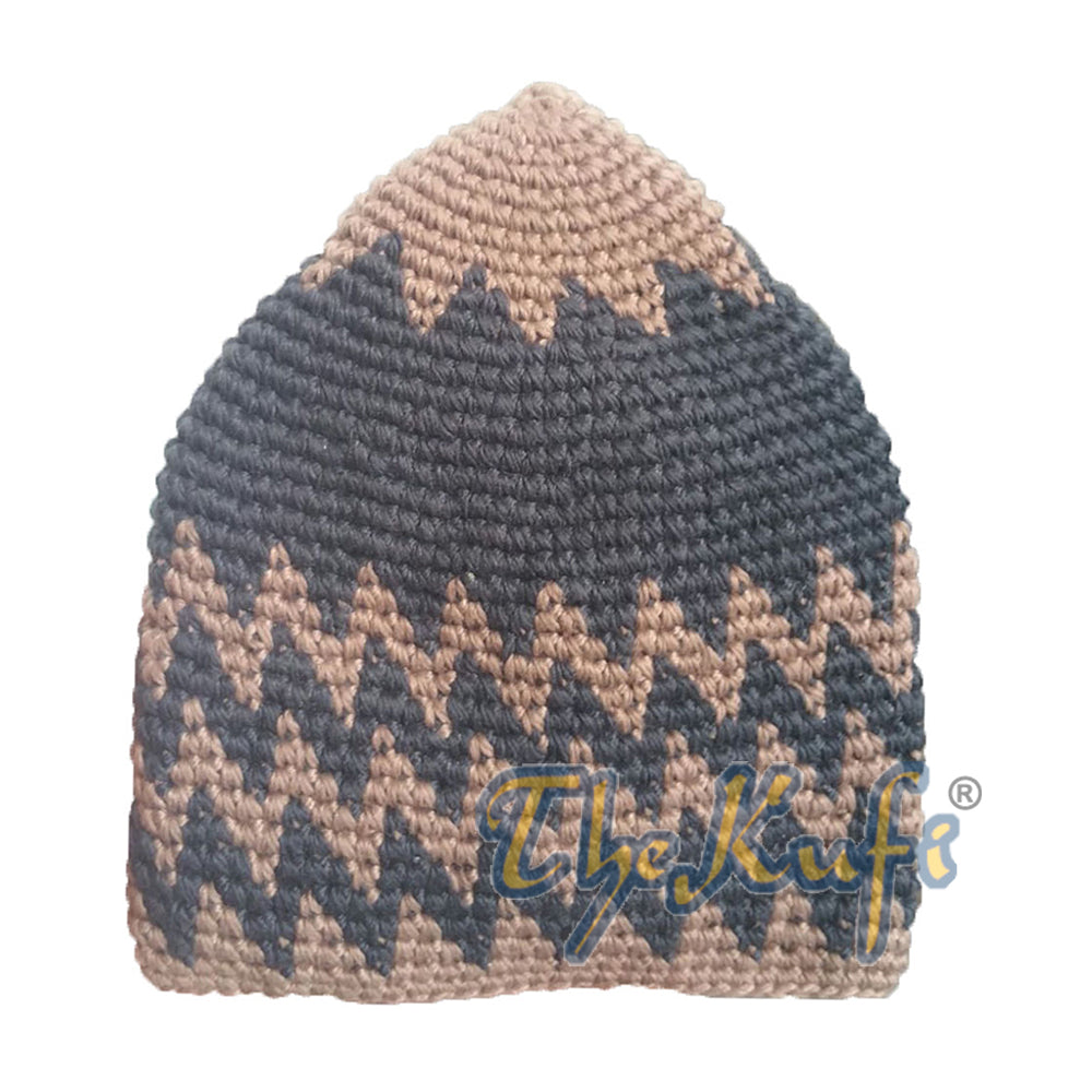 Topi Kufi Zigzag Coklat Karat Muda Kokoh Katun Rajutan Tangan