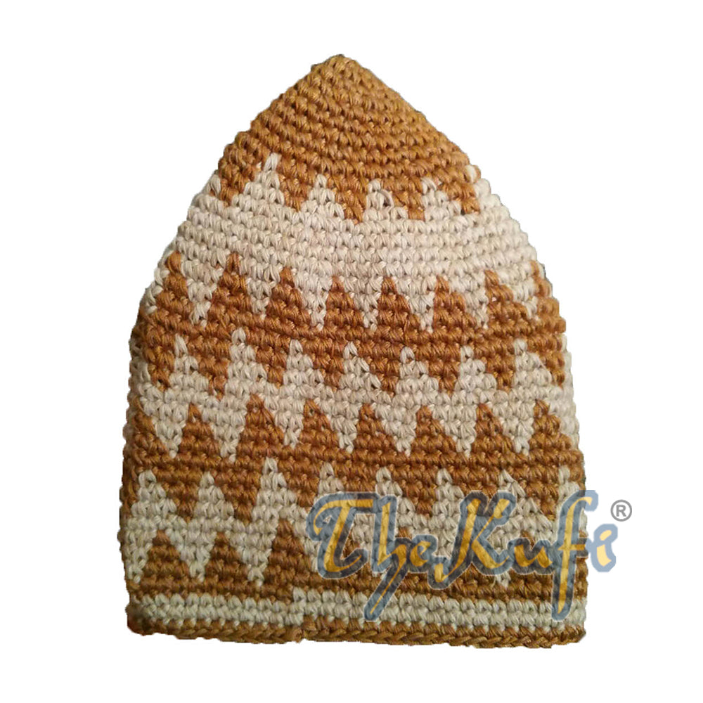 Topi Kufi Katun Kokoh Coklat Karat & Khaki Zigzag rajutan tangan