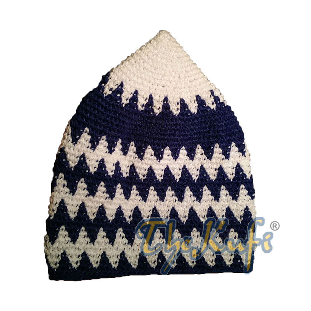 Topi Kufi Zigzag Katun Kokoh Putih & Biru Cobalt rajutan tangan
