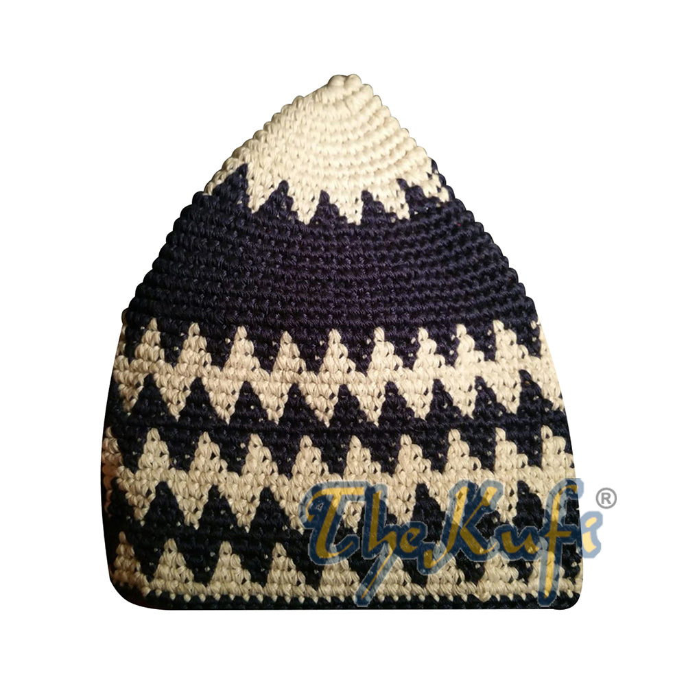 Topi Kufi Zigzag Putih & Biru Tua Berkait Tangan
