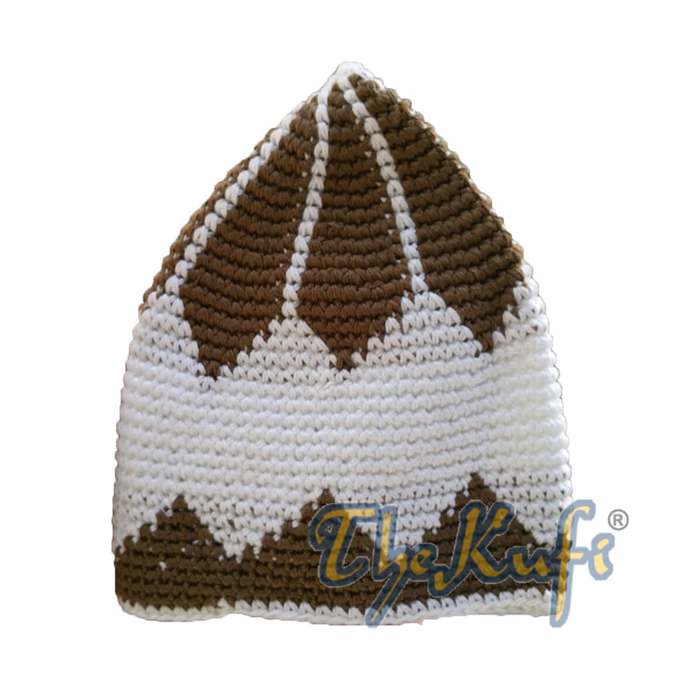 Topi Kufi Berlian Besar Coklat Tua & Putih Kokoh dari Katun Rajutan Tangan