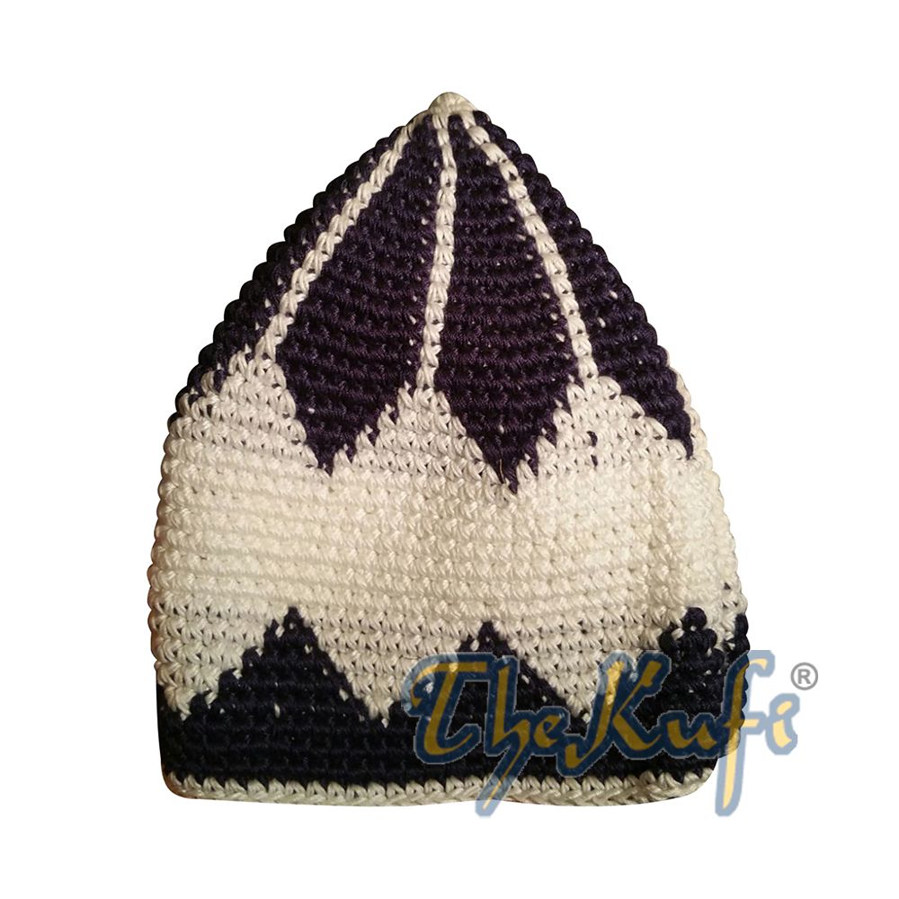 Hand-Crocheted Cotton Sturdy Dark Blue & Off-White Large Diamond Kufi Hat