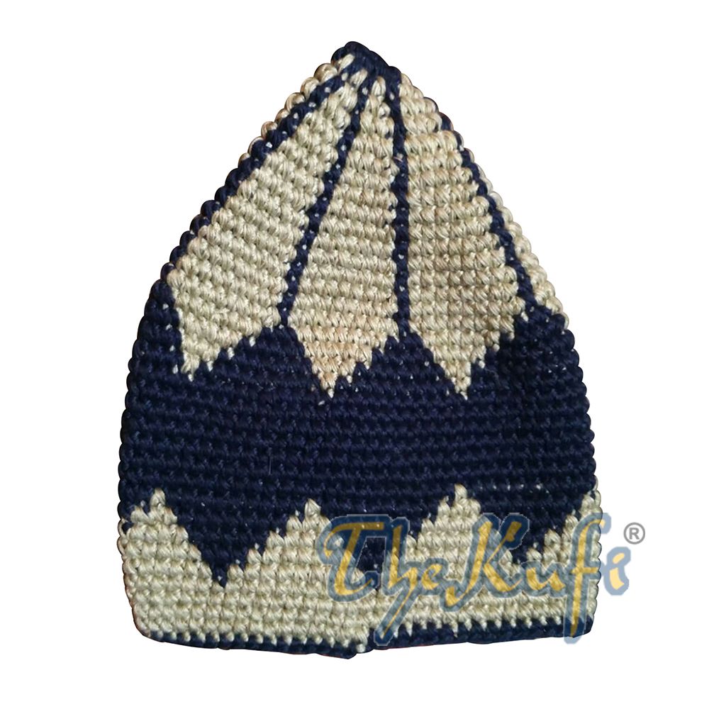 Kids Hand Crocheted Cotton Light Khaki & Dark Blue Large Diamond Kufi Hat