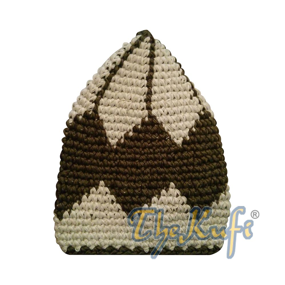 Hand-Crocheted Cotton Sturdy Latte & Dark Olive Green Large Diamond Kufi Hat