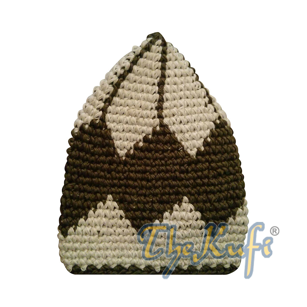 Topi Kufi Berlian Besar Rajutan Tangan dari Katun Kokoh Warna Latte & Hijau Zaitun Tua