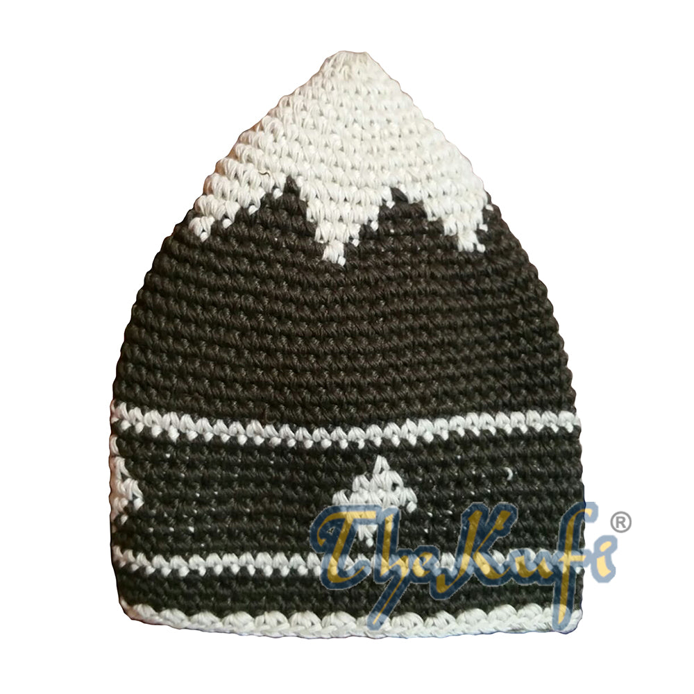 Topi Kufi Motif Berlian Kecil Warna Hijau Hutan Tua & Putih Pudar yang Dirajut Tangan dari Katun