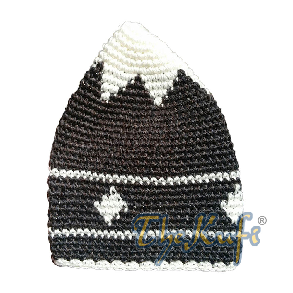 Topi Kufi Rajutan Tangan dari Katun Kokoh Warna Abu-abu Tua Campuran Coklat Tua & Garis Berlian Kecil Putih Pucat