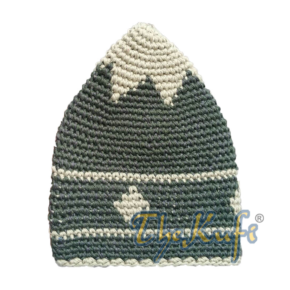 Topi Kufi Motif Berlian Kecil Warna Hijau Hutan Tua dan Khaki Kehijauan Rajutan Tangan dari Katun
