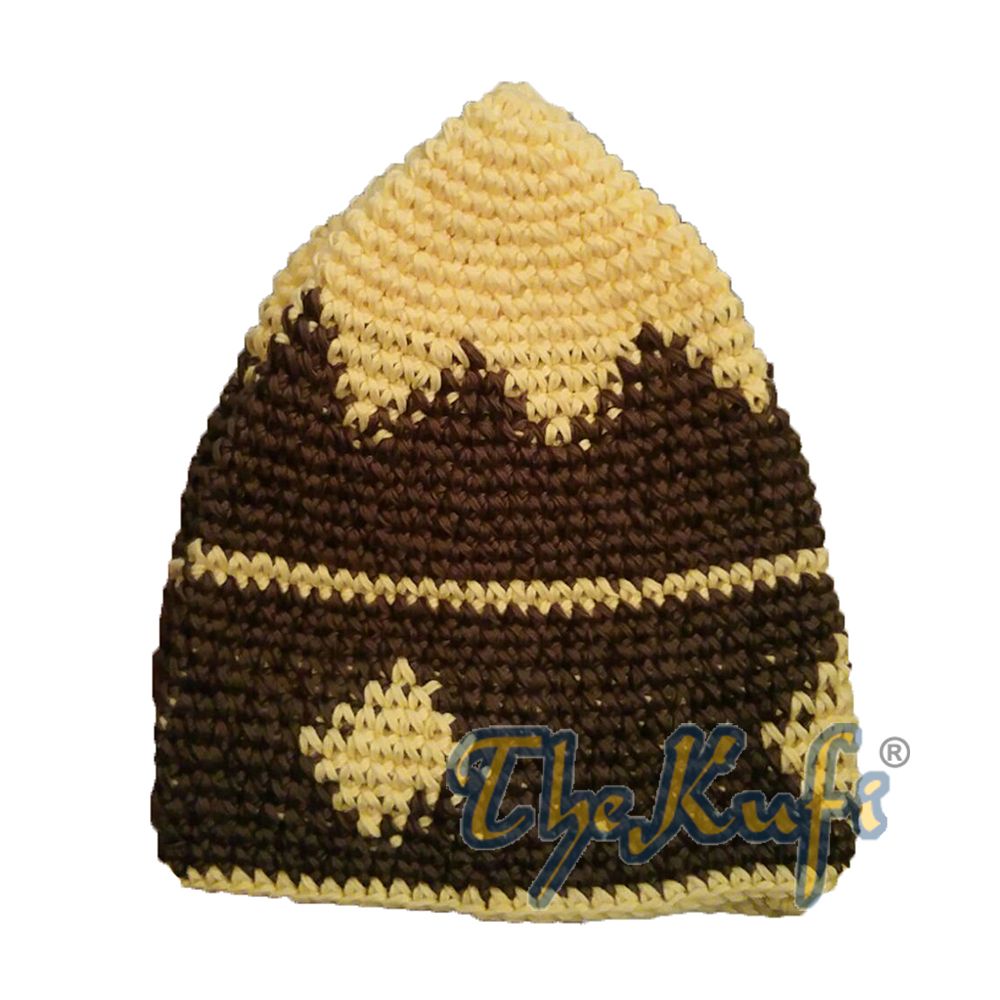 Hand-Crocheted Cotton Sturdy Dark Brown & Yellow Small Diamonds Line Kufi Hat