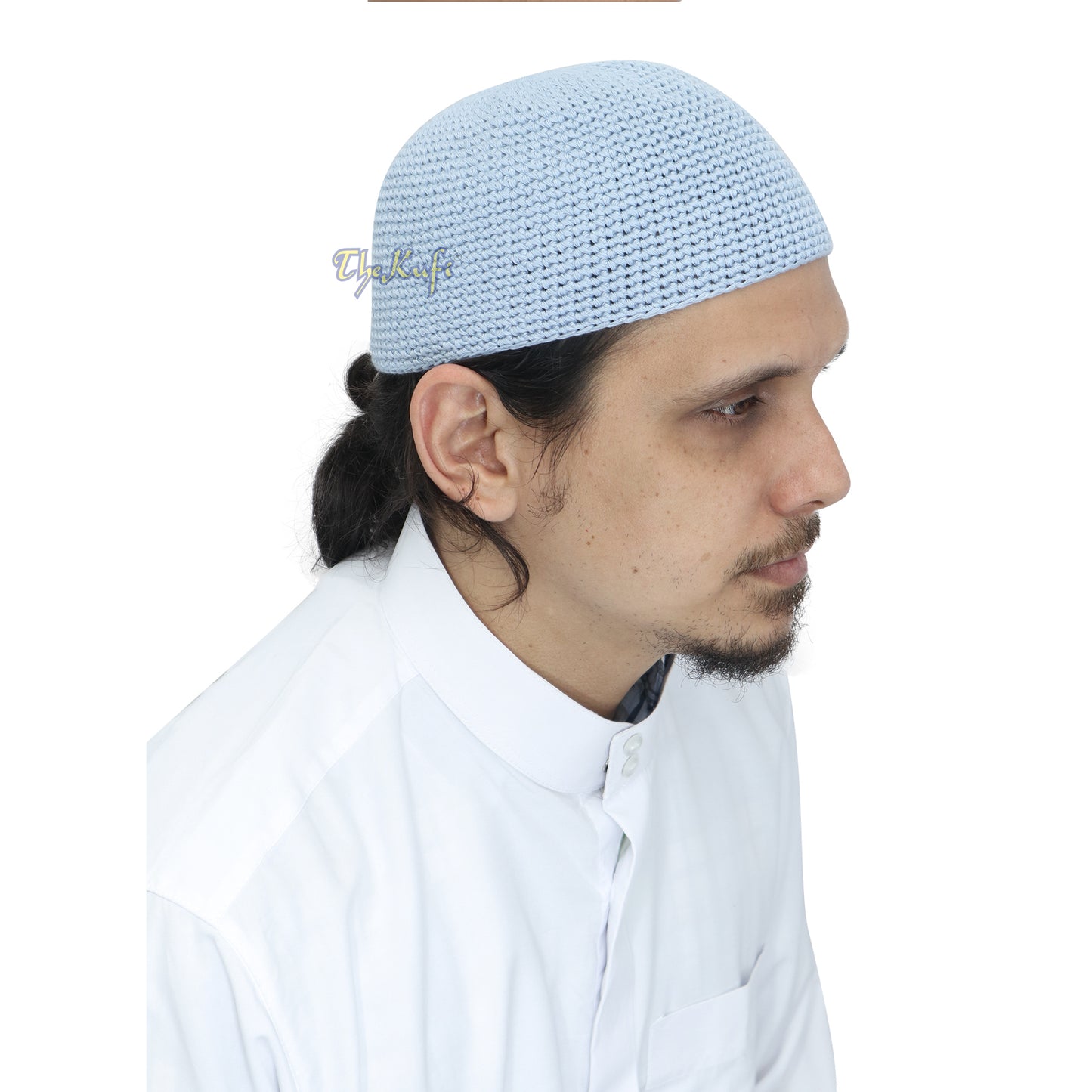 Topi Kufi Rajutan Tangan Biru Muda Polos 100% Katun Desain dan Nyaman Dipakai