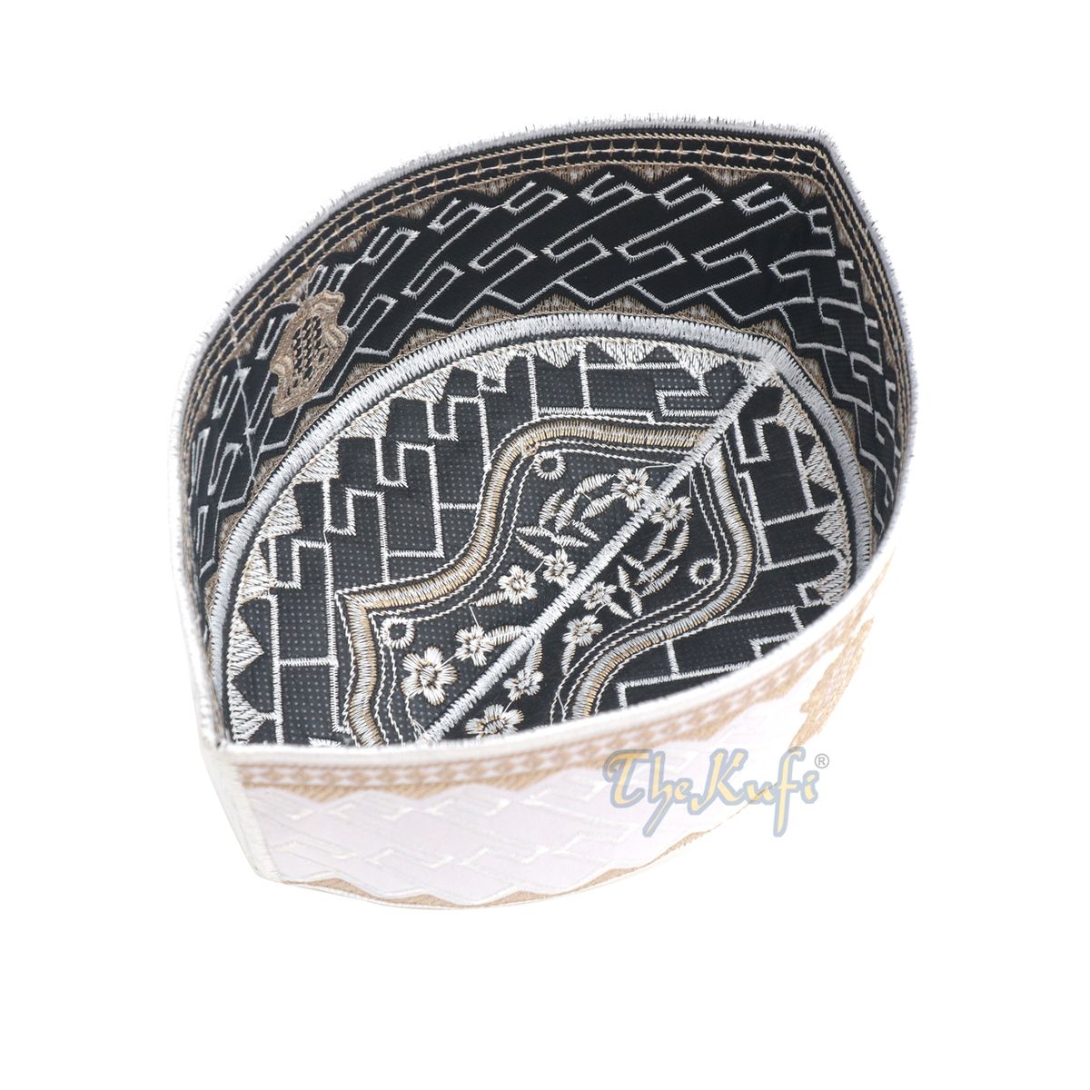 Textured White and Light Brown Embroidered Sandal Kufi Hat