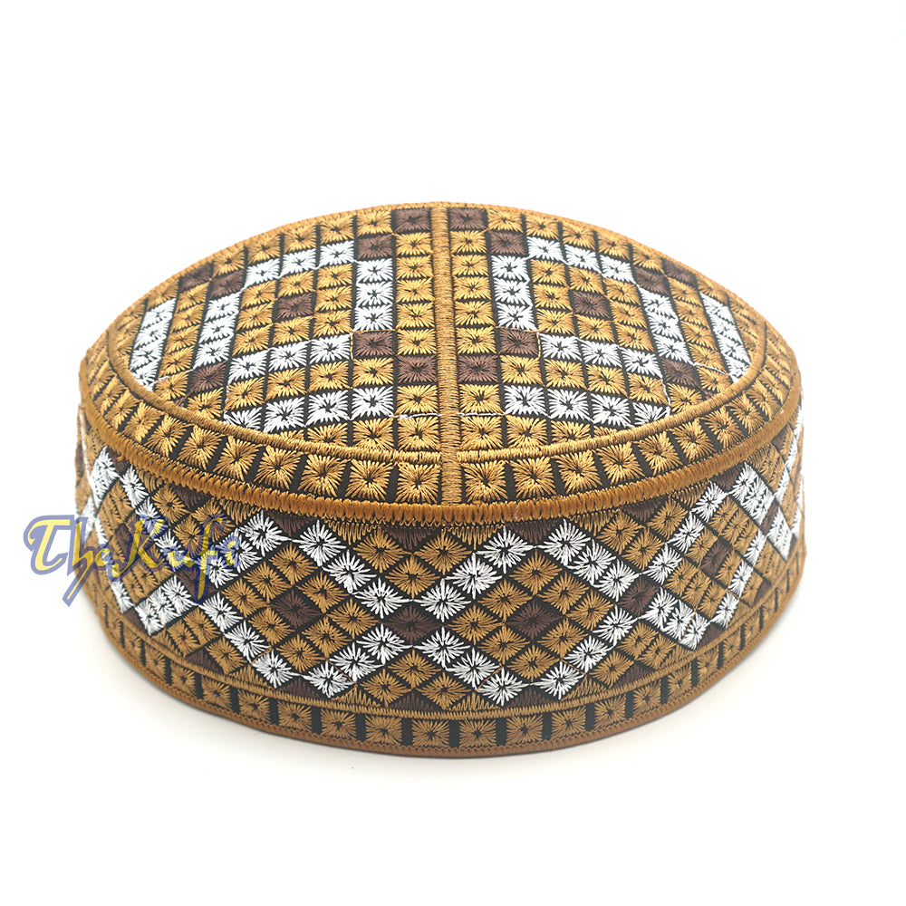 Topi Kufi Bulat Kaku Bersulam Rumit, Perak, Coklat Tua, Coklat Karat, Gaya Pakistan