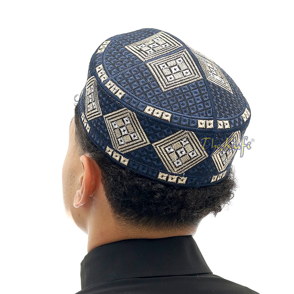 Dark Navy Blue Beige White Diamond Intricately Embroidered Design Pakistan Kufi