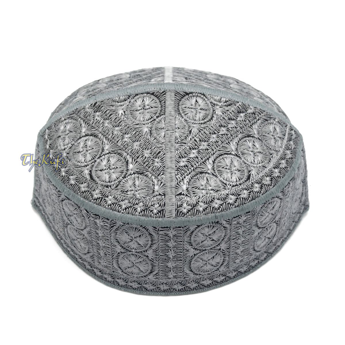 Gray Intricately Embroidered Rigid Round Pakistani-Style Kufi Hat