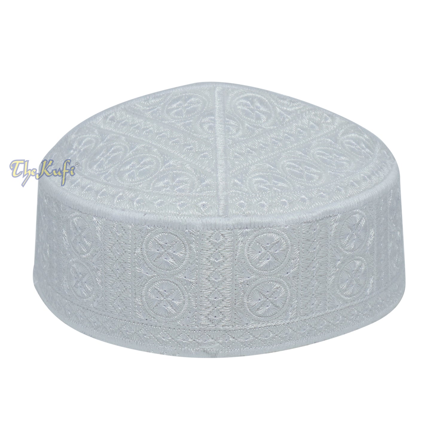 Topi Kufi Gaya Pakistan Bulat Tegar Bersulam Rumit Putih