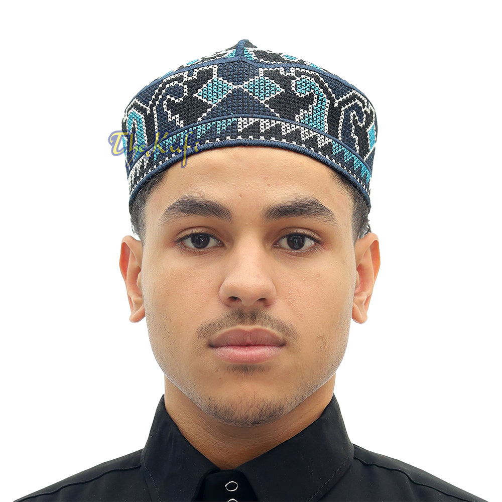 Navy Blue, Black White dan Light Turquoise Haji Alay Motif Sulaman Topi Kufi Topi Pakistan