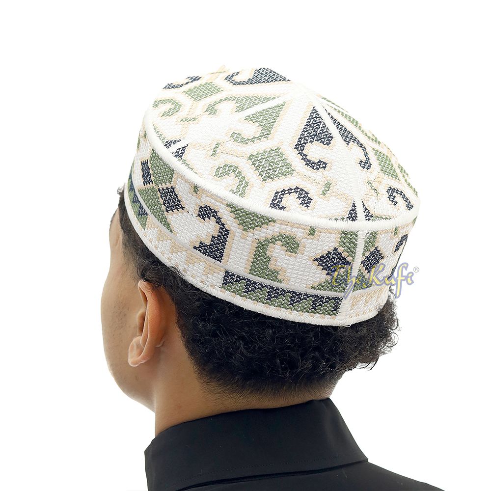 White, Army Green and Navy Blue Haji Alay Motif Embroidery Pakistani Topi Kufi Hat