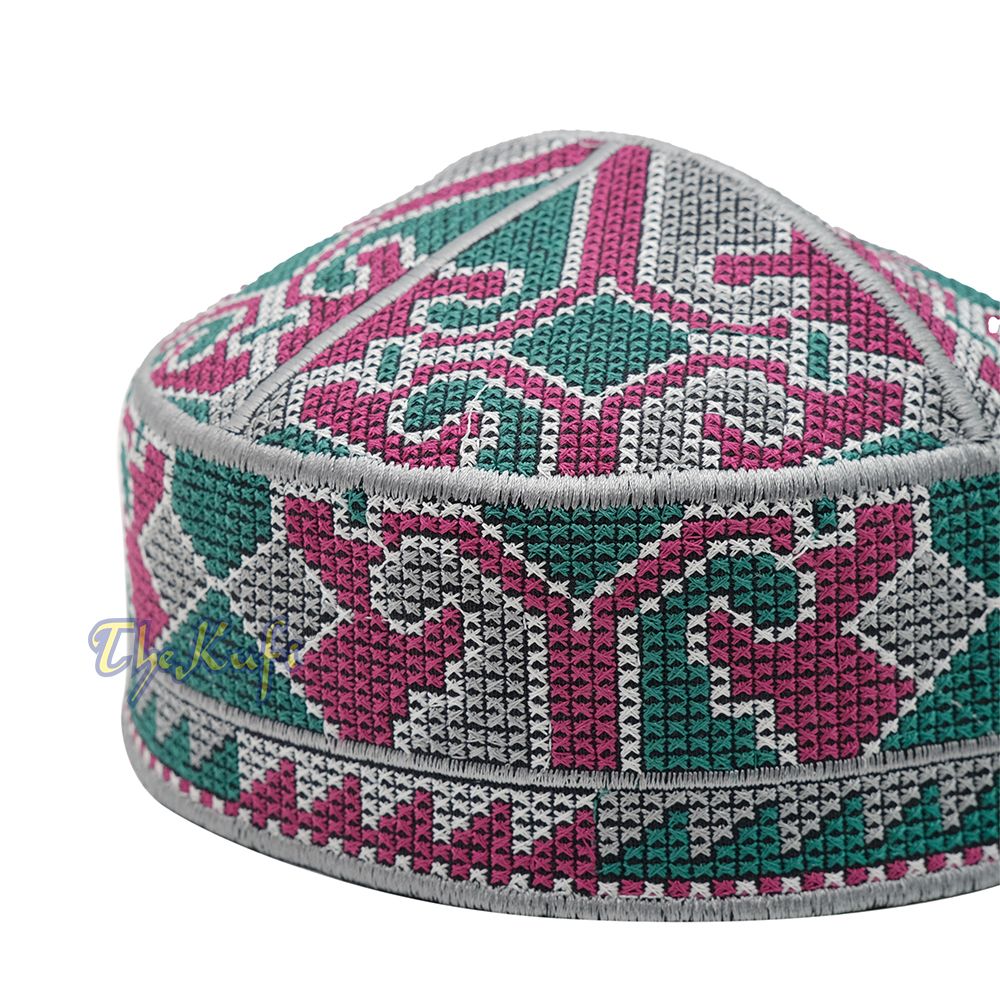 Gray, Maroon, Green Haji Alay Motif Embroidery Design Pakistani Topi Kufi Hat