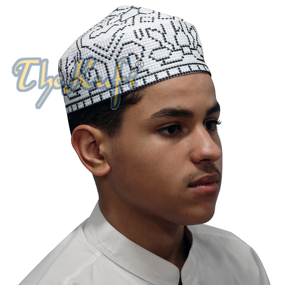 Corak Orkid Putih Bersulam Bergaris Lembut Topi Kufi Gaya Pakistan