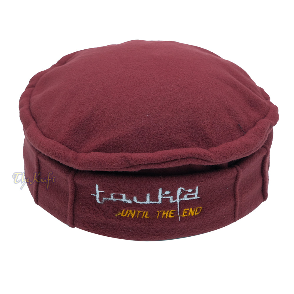 Maroon Afghani-Style "Tauhid until the end" Faux Wool Stretchable Pakol Mujahidin Soft Kufi Hat