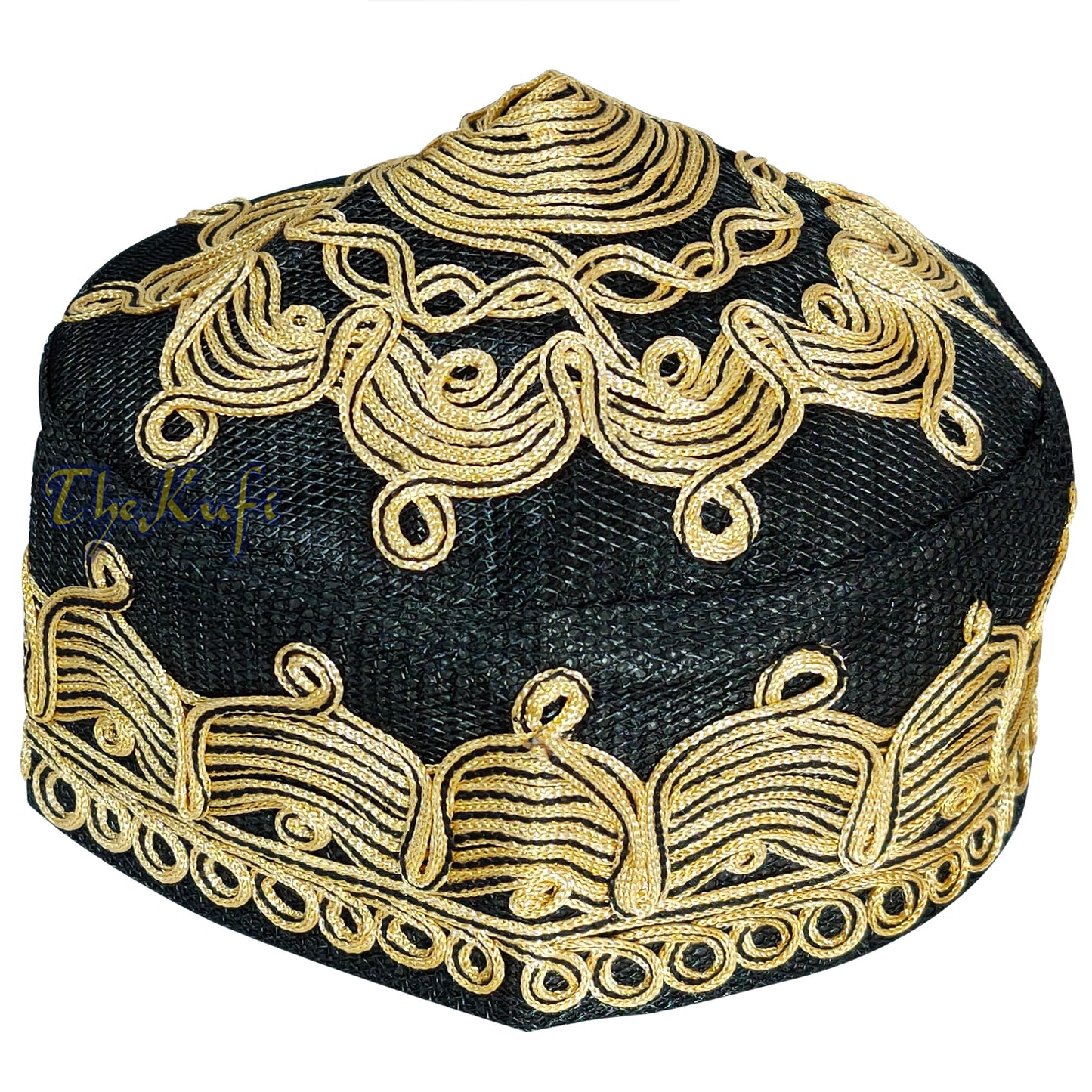Rekaan Gelombang Jaring Macramé Hitam Keemasan-coklat buatan tangan Corak Solat Topi Mehrab Kufi