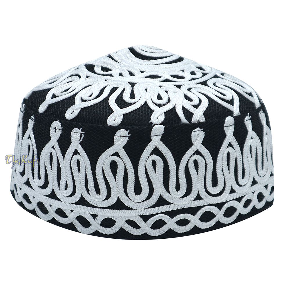 Handcrafted Black White Macramé Netting Wave Design Muslim Prayer Hat By