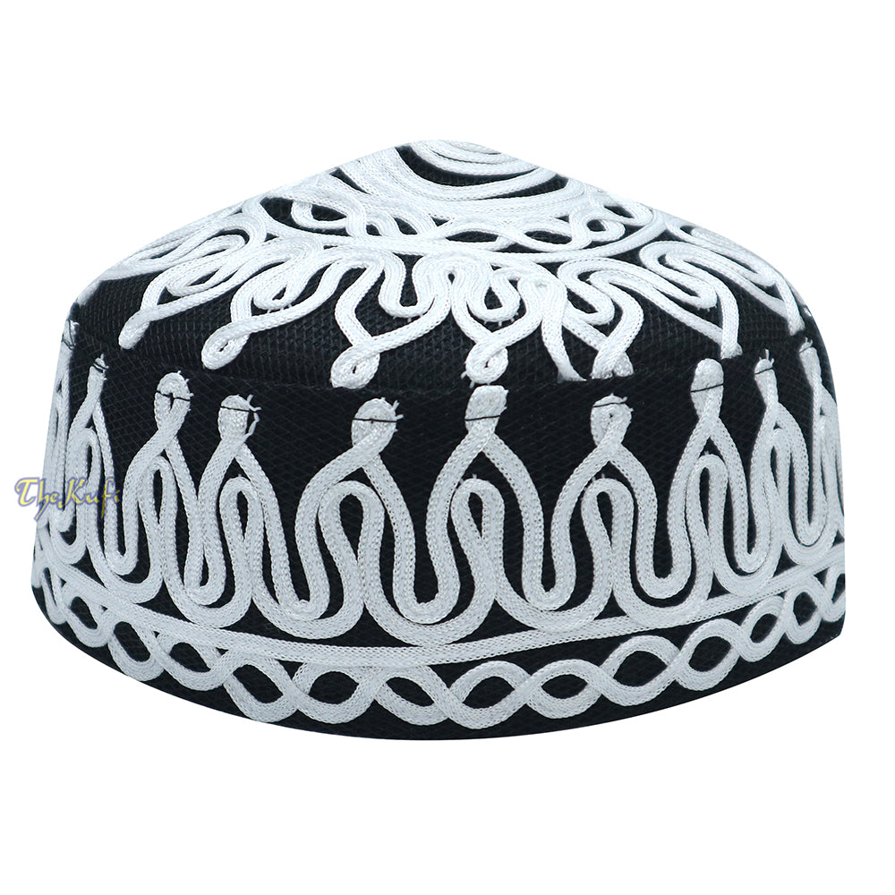 Handcrafted Black White Macramé Netting Wave Design Muslim Prayer Hat By
