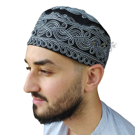 Handcrafted Black Macramé Netting Wave Gray Design Kufi Hat Prayer Cap