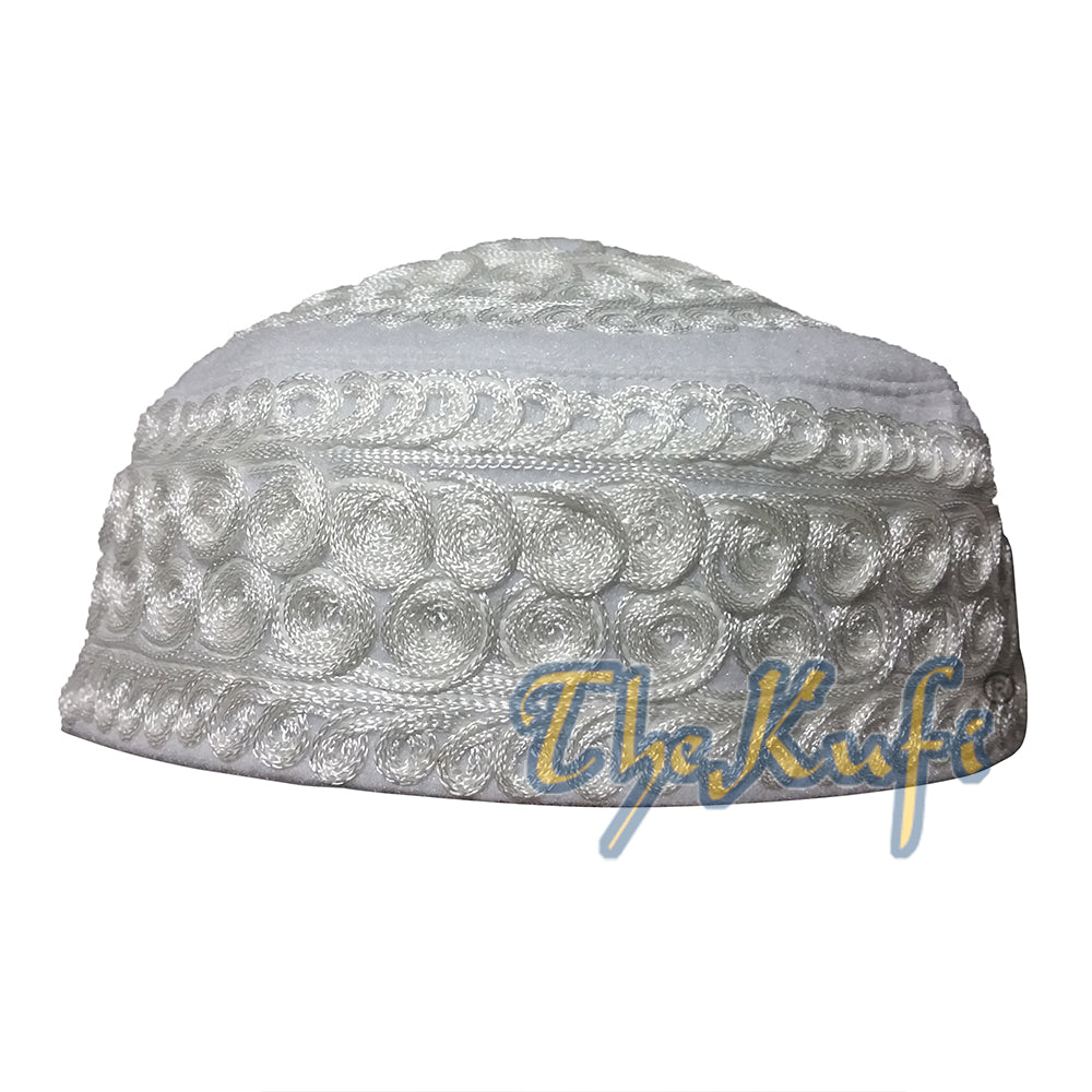 Topi Sembahyang Topi Kufi Felt Rekaan Gelombang Macramé Putih Buatan Tangan