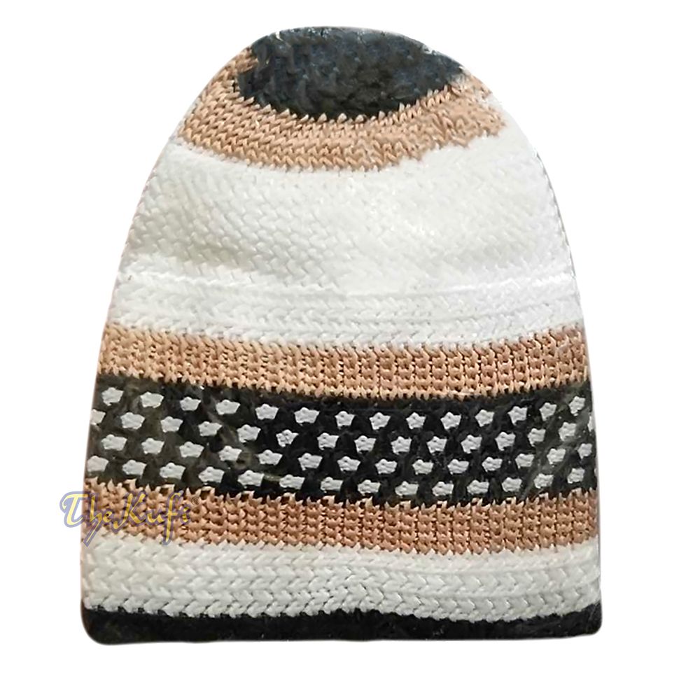 White & Black Nylon Kufi Hat 4 Dotted Lines