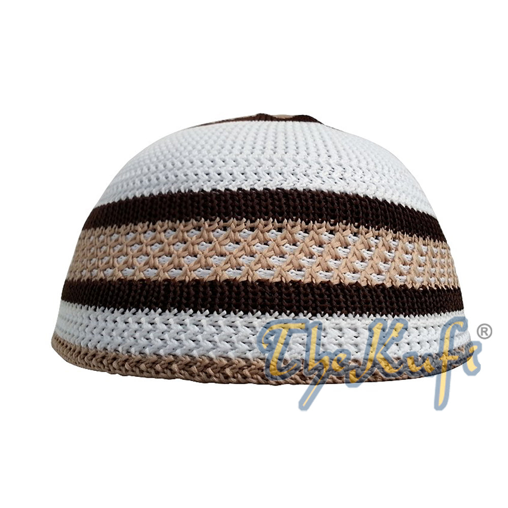 Topi Kufi Nilon Putih & Coklat 3 Garis Putus-putus
