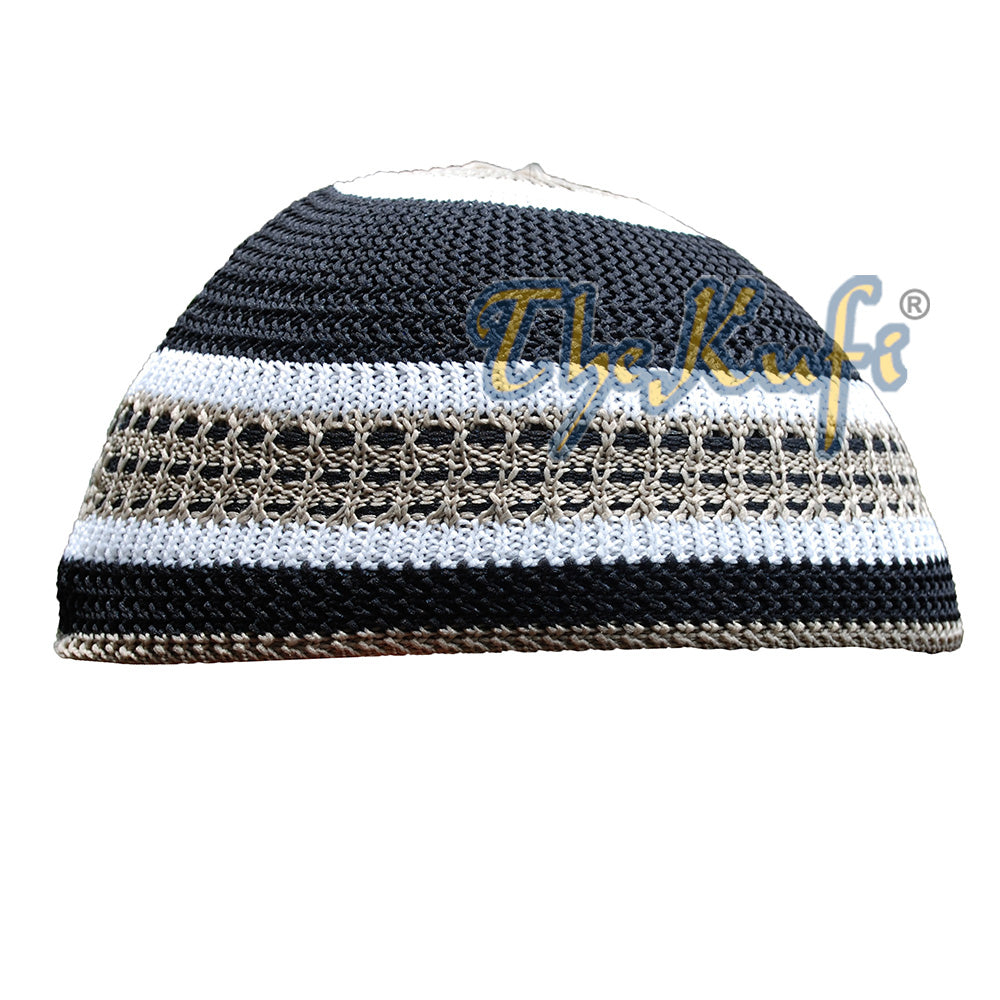 Topi Kufi Nilon Hitam dengan Putih & Khaki