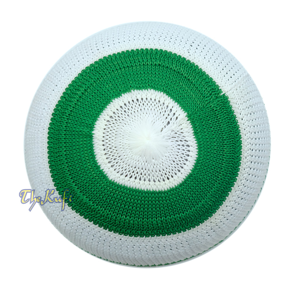Nylon Kufi - White Green Dark Brown Stripes 3-Color Knit Skullcap Skullie Topi Cap