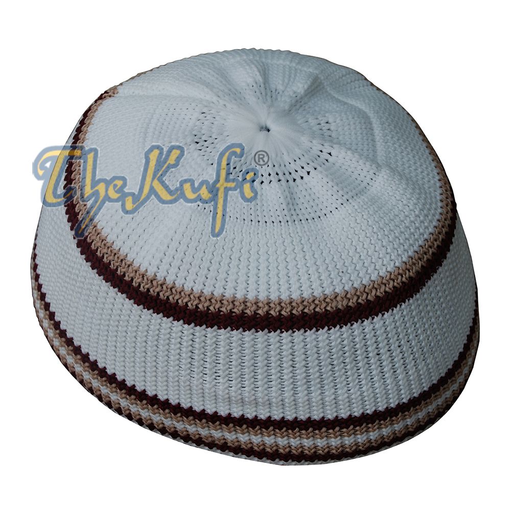 White Nylon Kufi with Maroon & Brown