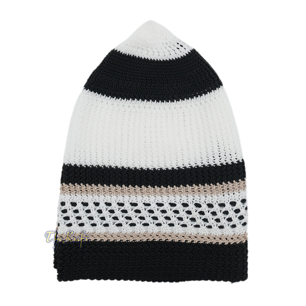White Black with Brown Stripes Nylon Stretchy Beanie Kufi Topi Skull Cap