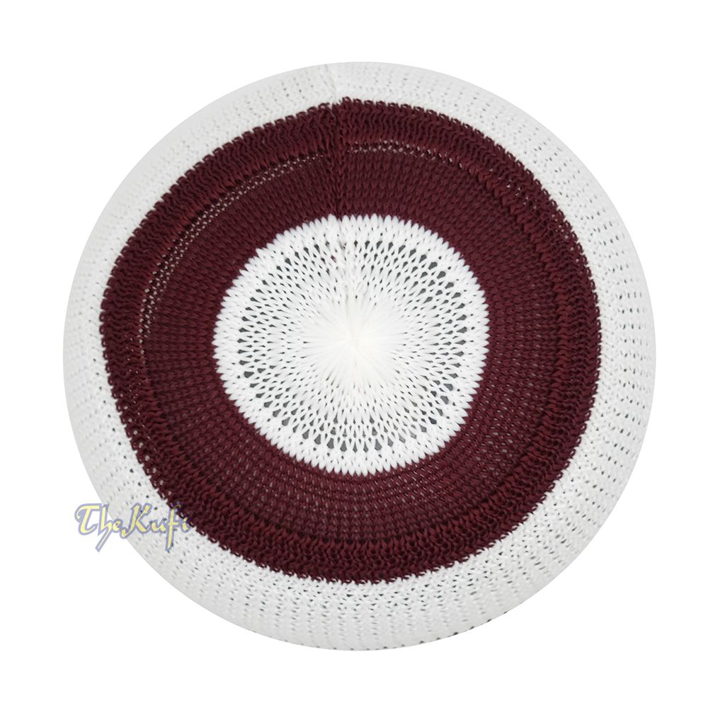 White and Maroon with Green Stripes & Dotted Lines Nylon Stretchy Textured Kufi Hat Skullcap