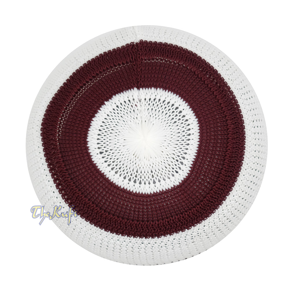 White and Maroon with Green Stripes & Dotted Lines Nylon Stretchy Textured Kufi Hat Skullcap