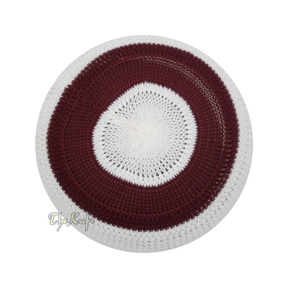 White and Maroon with Khaki Stripes & Dotted Lines Nylon Stretchy Textured Kufi Hat Skullcap