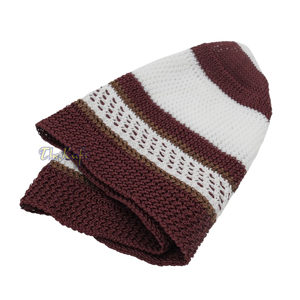 White and Maroon with Rust Brown Stripes & Dotted Lines Nylon Stretchy Textured Kufi Hat Skullcap