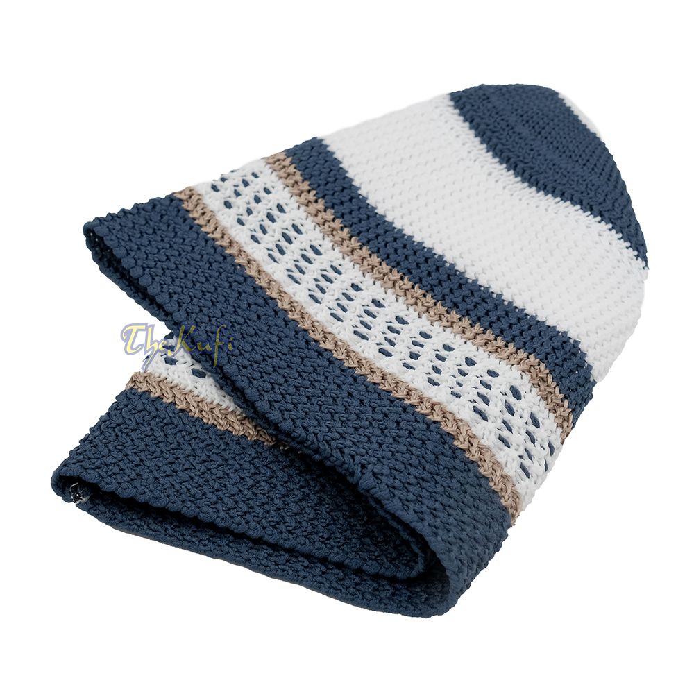 White and Navy Blue with Light Brown Stripes & Dotted Lines Nylon Stretchy Textured Kufi Hat Skullcap