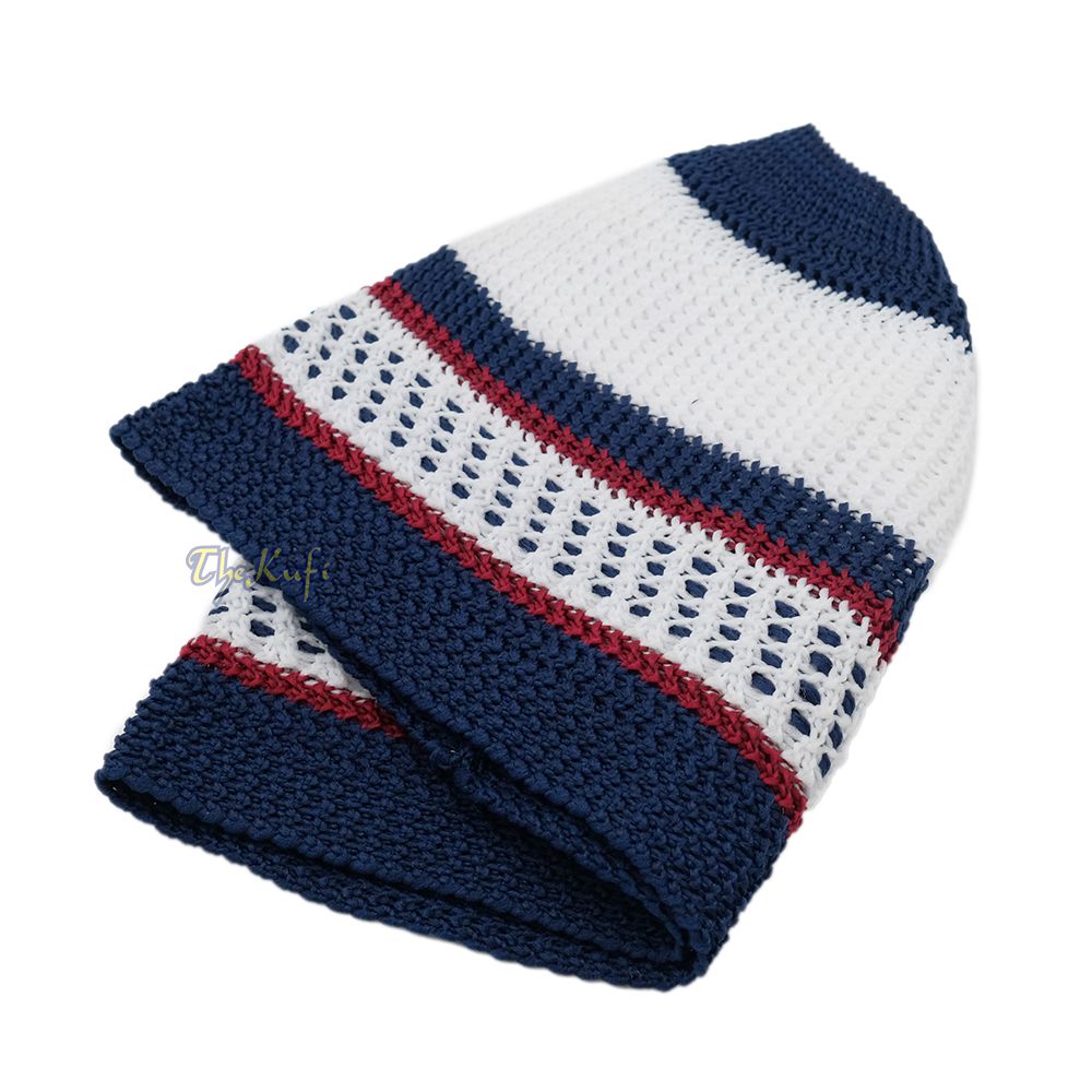 White and Navy Blue with Maroon Stripes & Dotted Lines Nylon Stretchy Textured Kufi Hat Skullcap