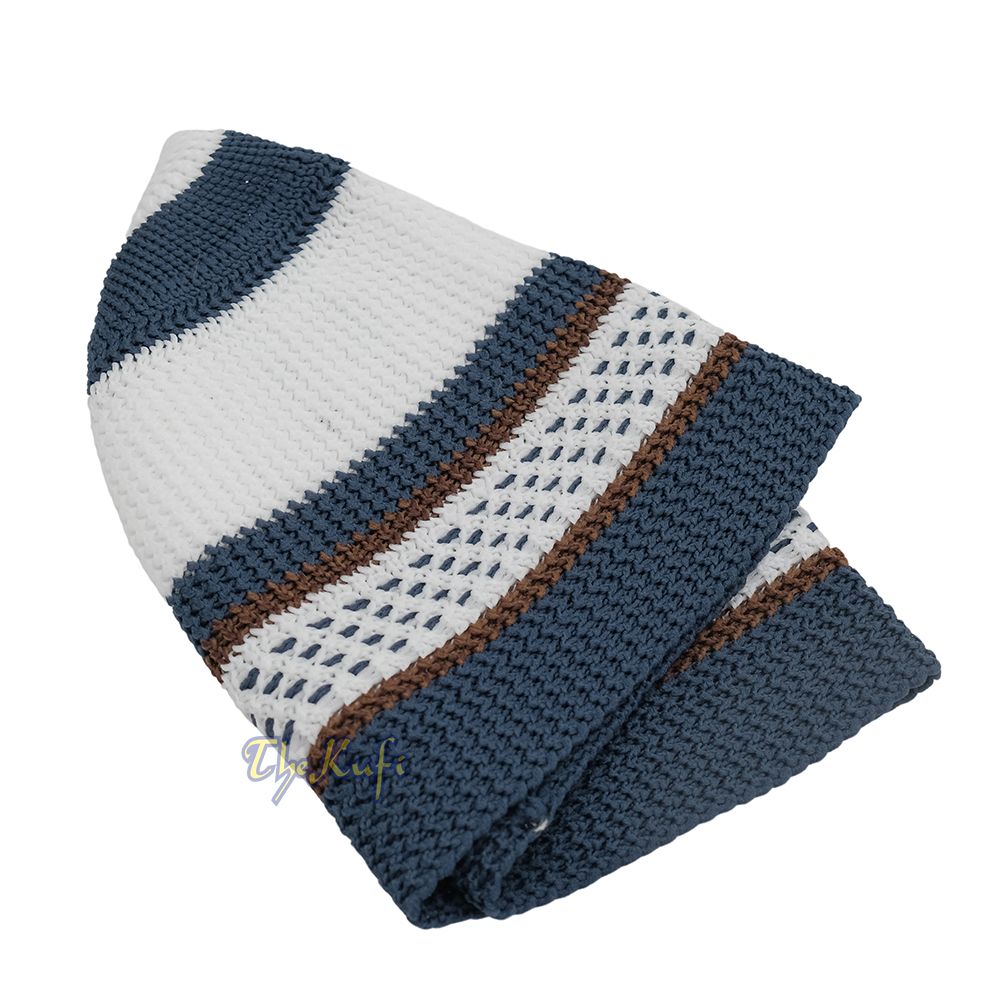 White and Navy Blue with Rust Brown Stripes & Dotted Lines Nylon Stretchy Textured Kufi Hat Skullcap