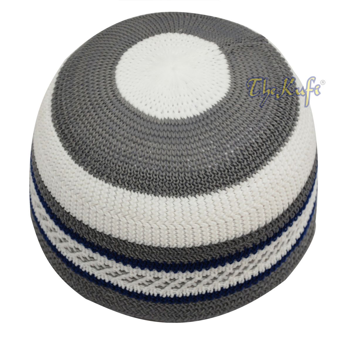Islamic White and Gray with Navy-Blue Stripes Nylon Stretchy Textured Kufi Hat Skullcap Topi Skullie