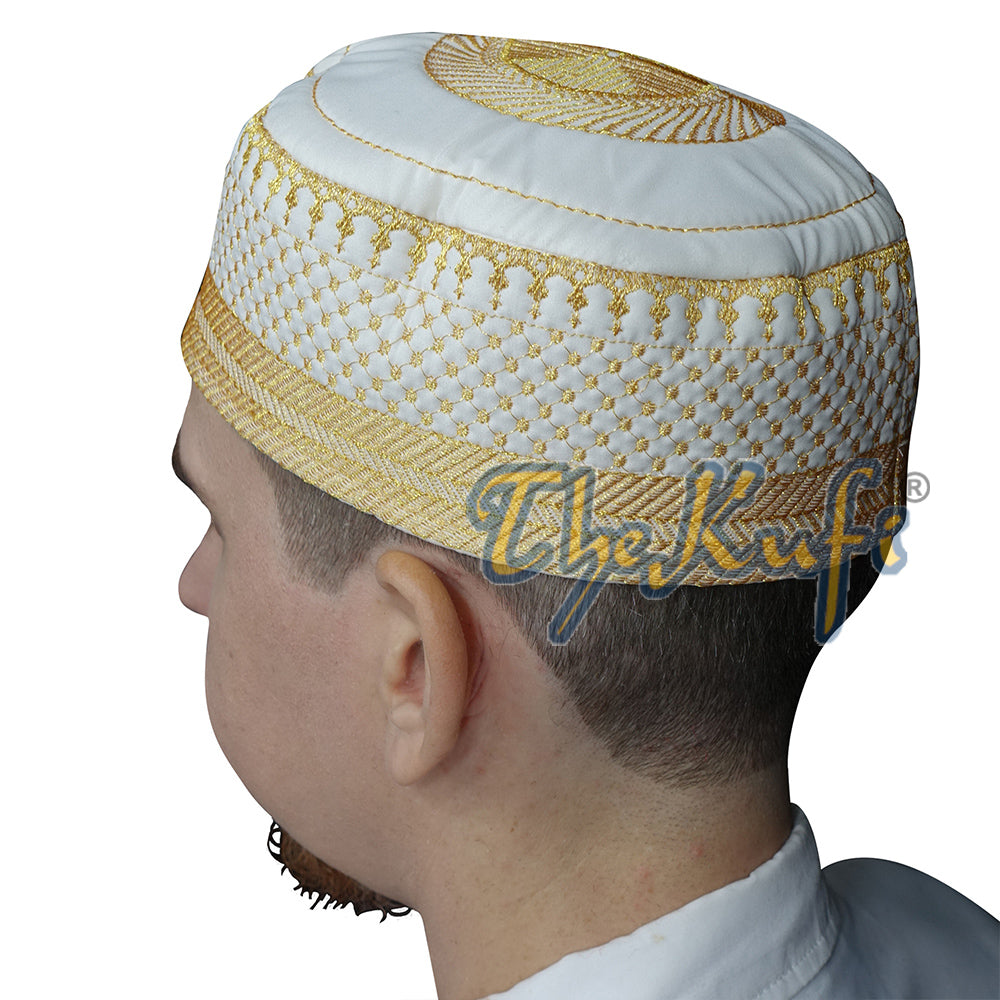 Light Cream Muslim Kufi Hat - Handcrafted Metallic Gold-Tone Thread Embroidery Thinly Padded Soft Prayer Cap - Topi Peci Taqiya Takke