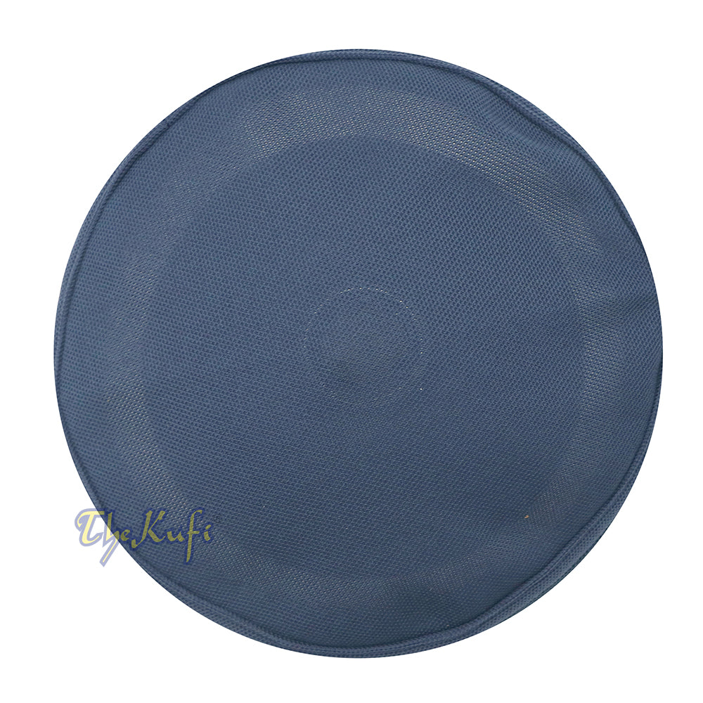 Blue and dark gray mesh Islamic kufi cap with breathable ventilated design from TheKufi.com.