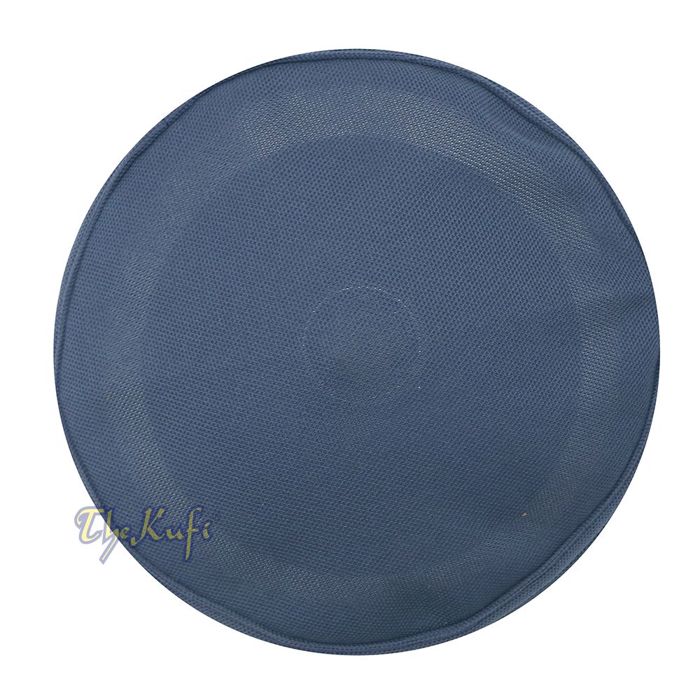 Blue and dark gray mesh Islamic kufi cap with breathable ventilated design from TheKufi.com.