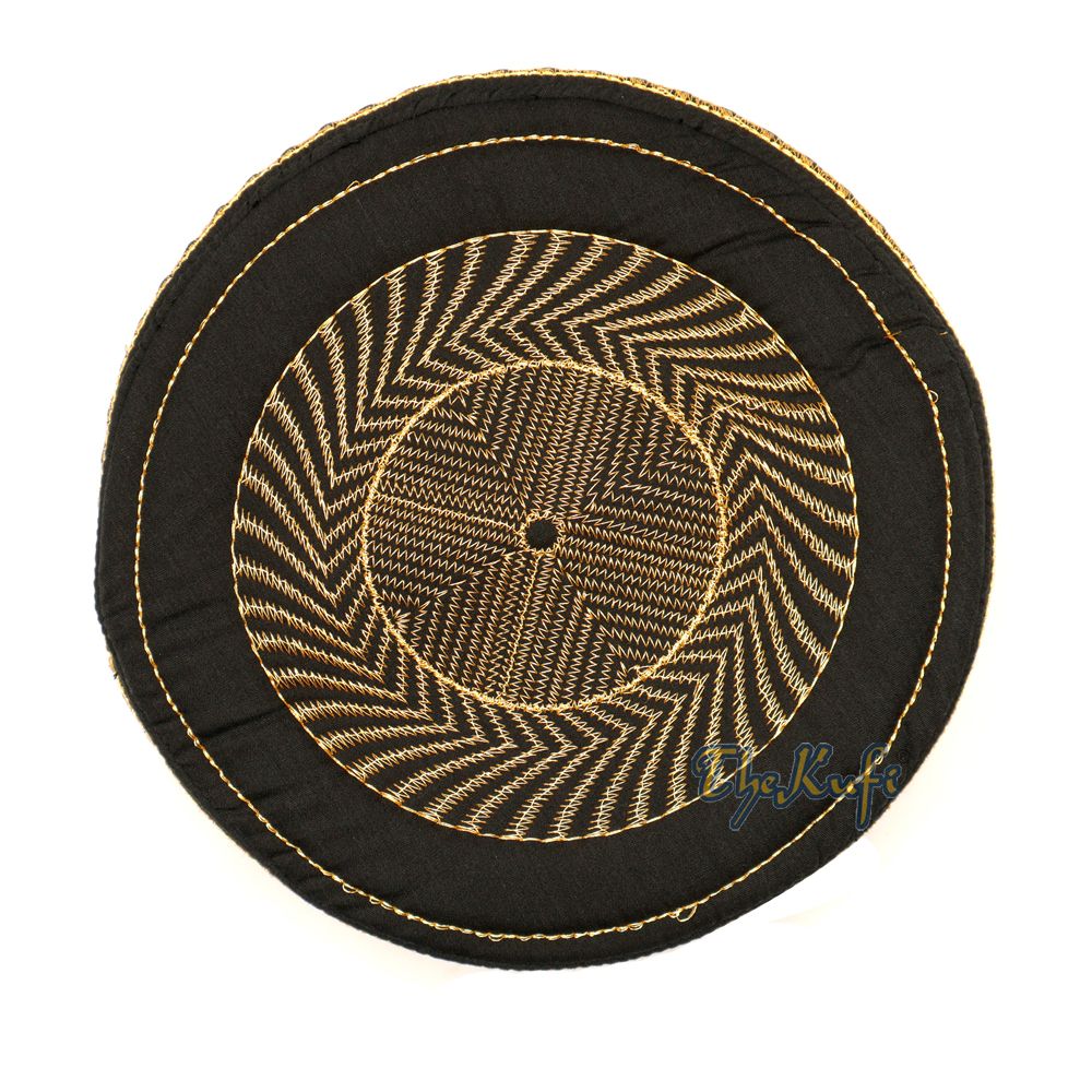 Black Kufi Hat with Gold Embroidery – African-Style Metallic Thread Padded
Semi-Stiff Prayer Cap Topi